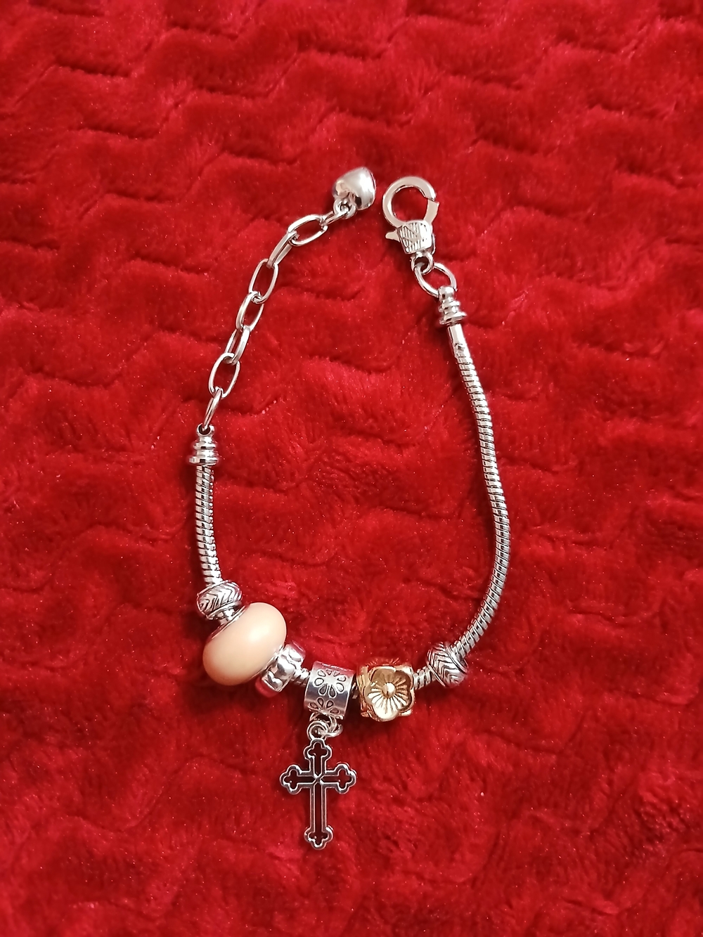 Sterling-Style Silver Bracelet with Peach Bead & Cross Charm